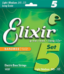 Elixir 14207 NANOWEB Комплект струн для 5-струнной бас-гитары, никелированные, Light/Medium, 45-135.