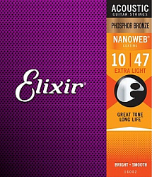 ELIXIR 16002 струны для акустической гитары Phos Bronze, NanoWeb Extra Light (010-014-023-030-039-04