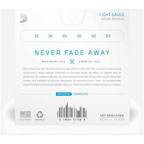 D'Addario XSABR 1253 - Струны для акустической гитары 12-53, Custom Light, серия XS